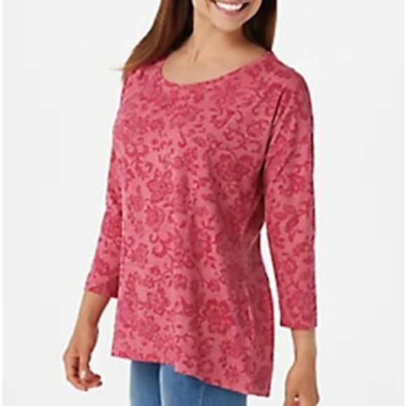 Tops - Y-501 Isaac Mizrahi Live! TRUE DENIM Floral Printed Seamed Knit Top Red sz XS